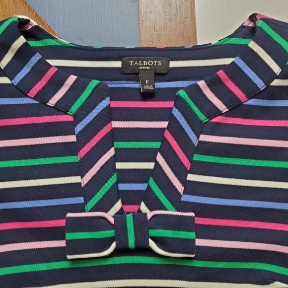 Talbots dress Womens P XS Stripes Colorful Blue Bow Neck Stretchy Shift - Picture 5 of 13